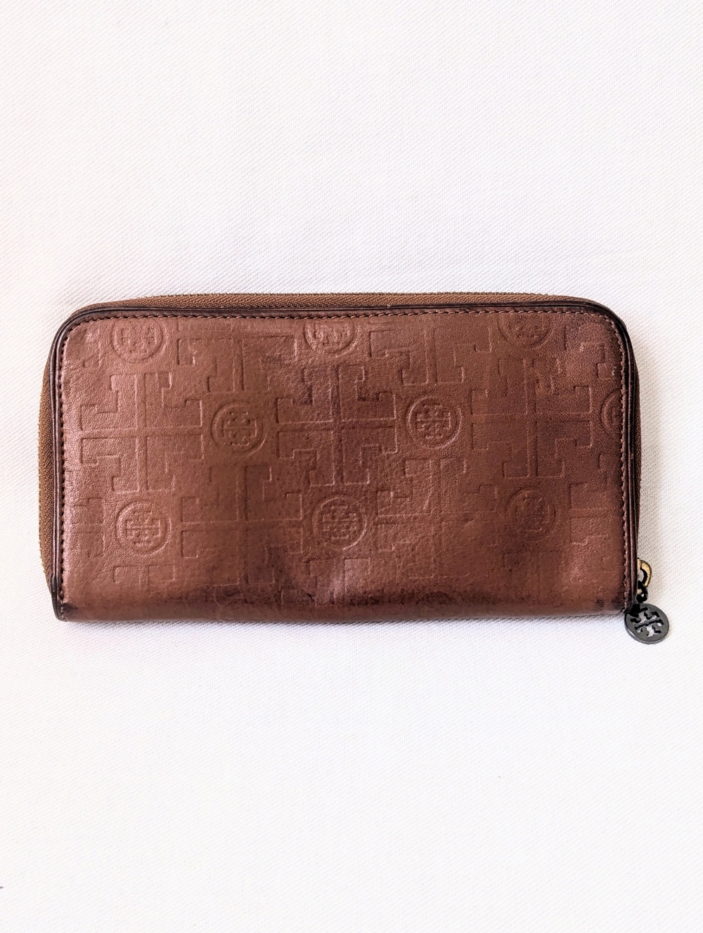 Tory Burch T Monogram Embossed Leather Zip Around Wallet Brown